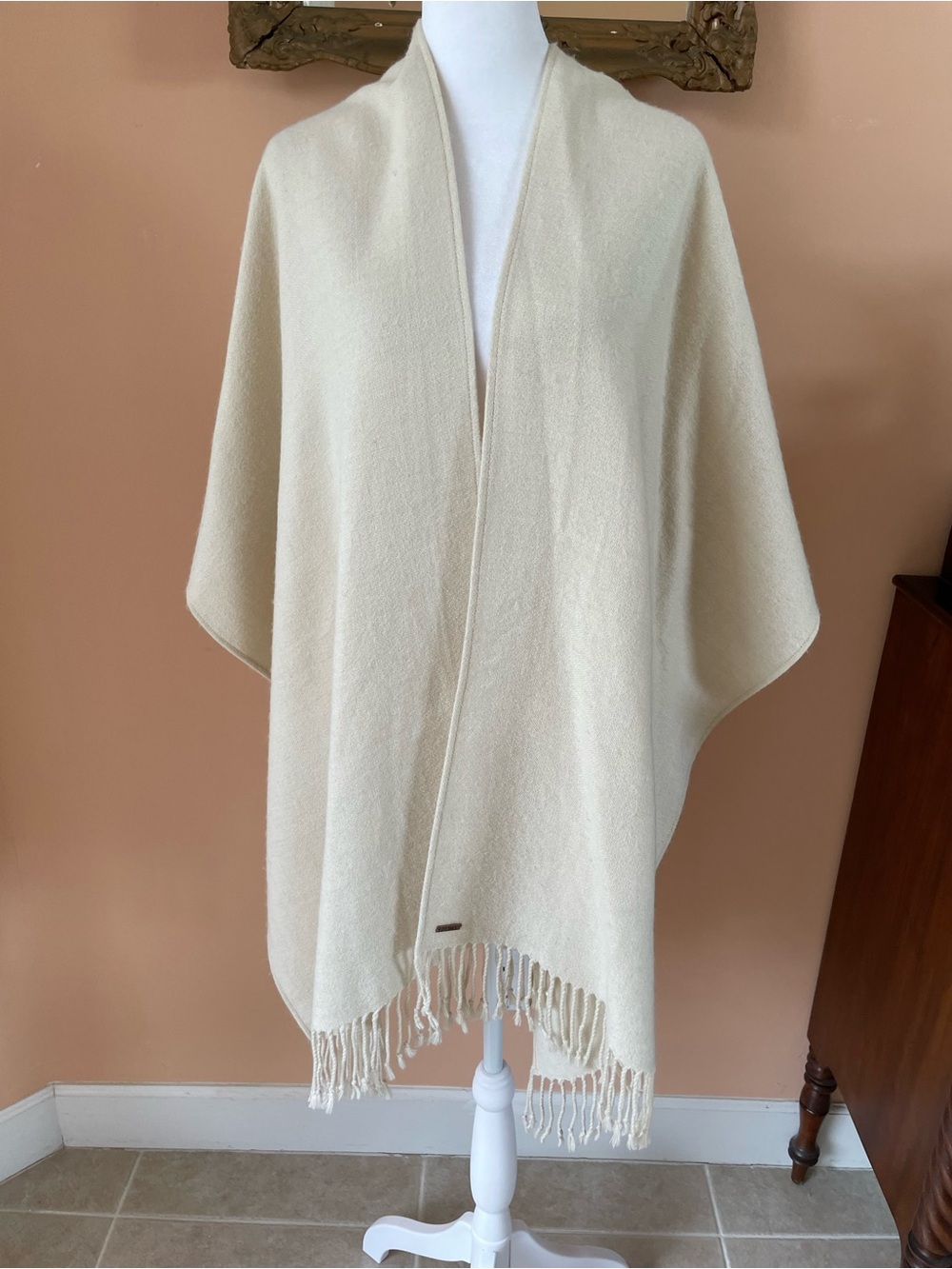 Soft Acrylic Cream Decorative Back Design Fringed Cape  Free Size.